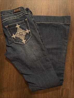 Embroidered Pocket Boot Cut Jeans in Dark Blue